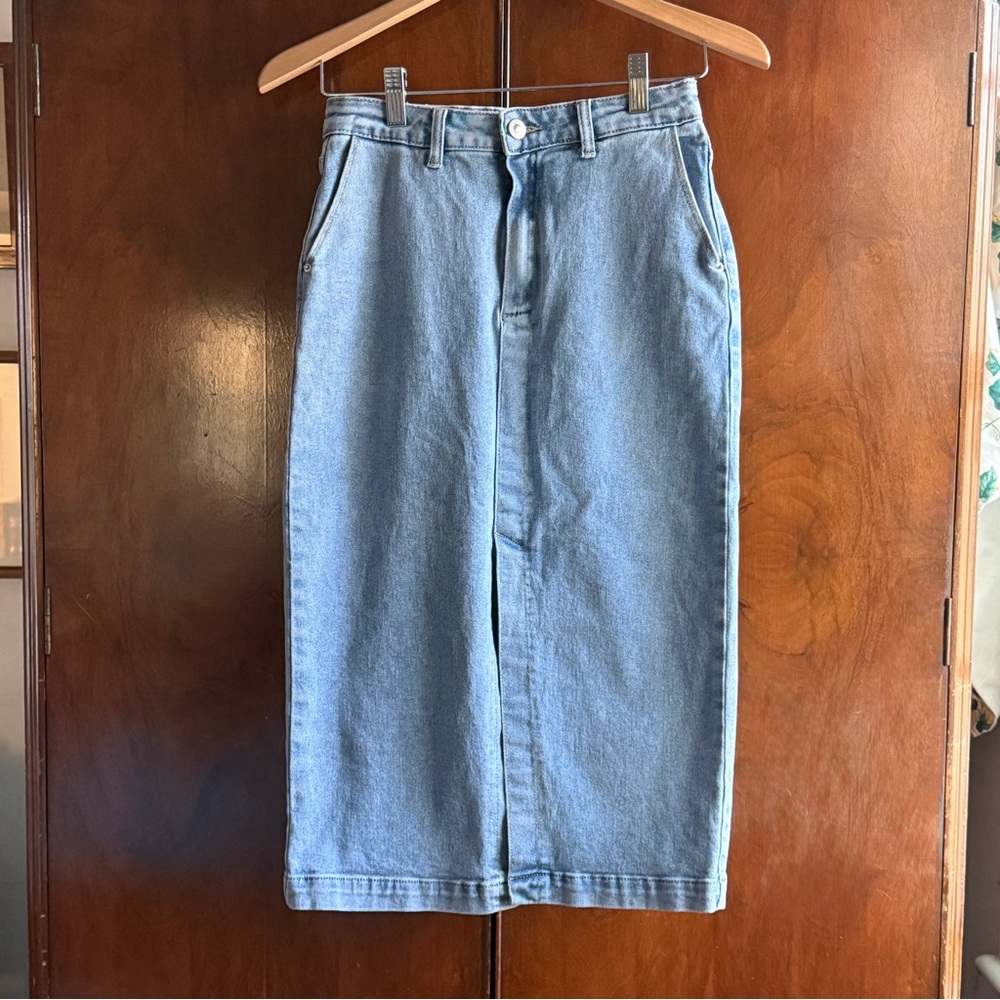 Princess Polly Stretchy Denim Midi Skirt, Light Blue Stonewash; Size 4